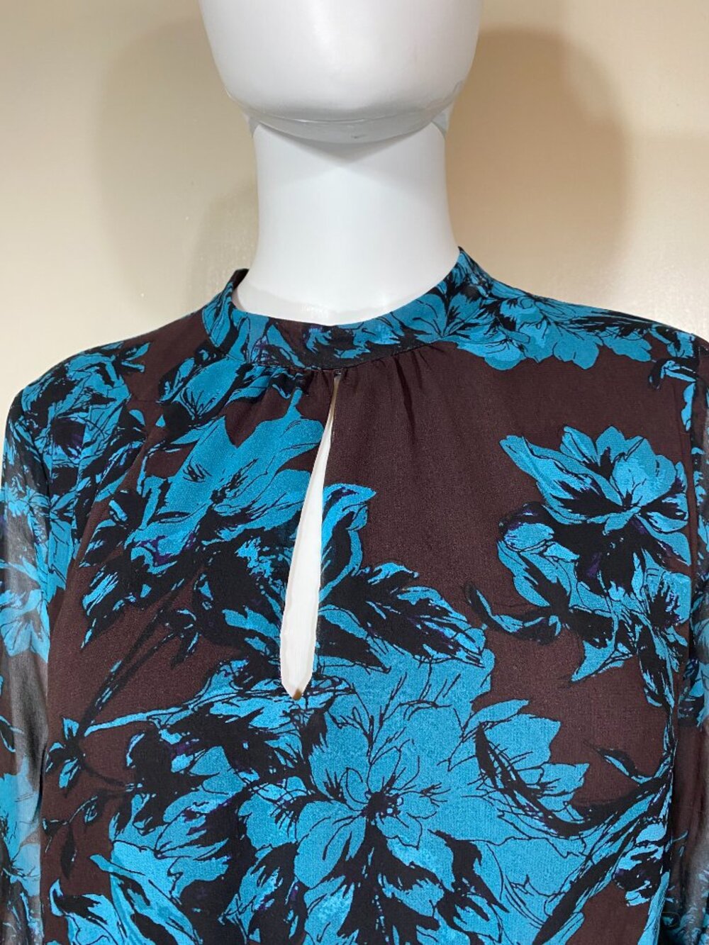 WHO WHAT WEAR Brown Blue Floral Fit Flare Midi Dress Long Sleeve Sheer Sz M Boho - Picture 5 of 10